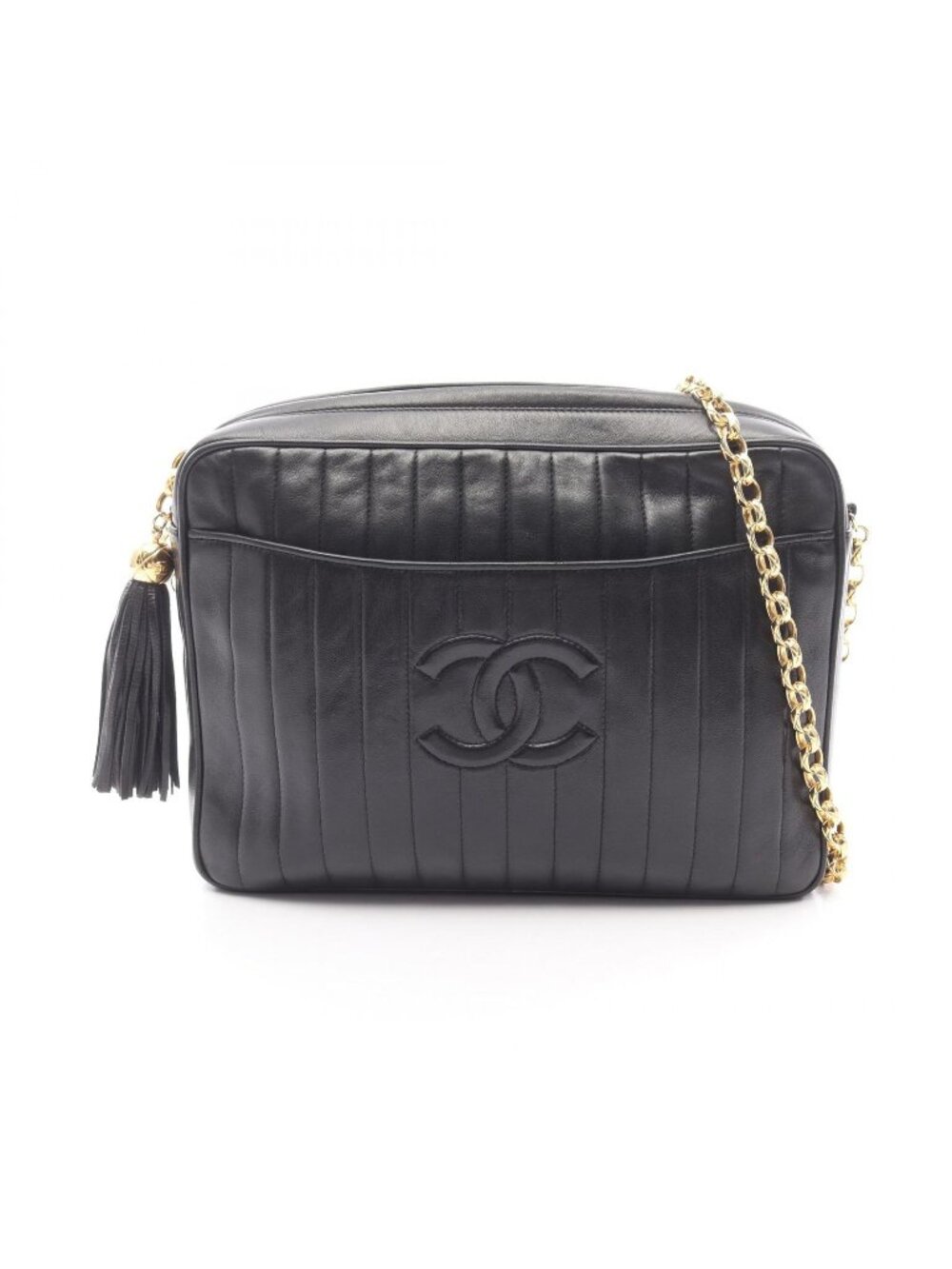 Chanel Shoulder Bag Mademoiselle Black Lambskin Fringe Chain